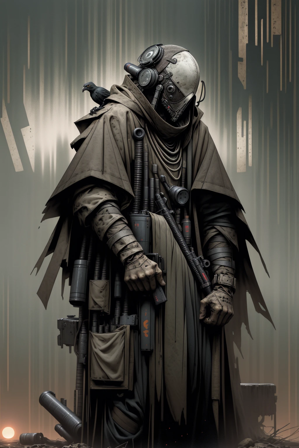 a man wearing modern military grade armor, gear belt full of gun magazines, a tattered hood over his head, wearing a plague doctor mask, a futuristic and hastily repaired semi-automatic rifle strapped over his back, a regular built body, wearing a messy black cloak, bandage wraps around his arms, side profile, sunset, very detailed plague doctor mask over his face, standing amidst a sunset, cinematic side view, sunset in the background, post apocalypse, is a burn victim, wearing a scav outfit from escape from tarkov, survivor, scavenger, mercenary, gun strapped (behind) his back, very dark green camo attire, very bird-looking mask with a prominent beak