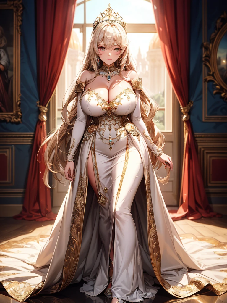 ((moe anime artstyle)),((Masterpiece)),(Best Quality), (Super Detail),((Very Delicate and Beautiful)),((Solo)),full body,(((full body))),((1 bling-bling cute princess in beautiful embroidery and jeweled gorgeous rococo ball gown with voluminous full-length hoop skirt)),(((absurdly gigantic tits))),((cleavage,curvy)),Skindentation,((detailed face and eyes)),jewel-like eyes,((crinoline,long train)),((standing in the royal palace)),((large amount of straight hair, absurdly long hair,Very Long Straight Hair)),extremely gorgeousfull hair ornament,(bling-bling extremely gorgeous jeweled tiara),luxurious jewelry,full body,((super detailed beautiful embroidery and jeweled gorgeous ball gown with voluminous full-length hoop skirt)) sultry look, seductive,
