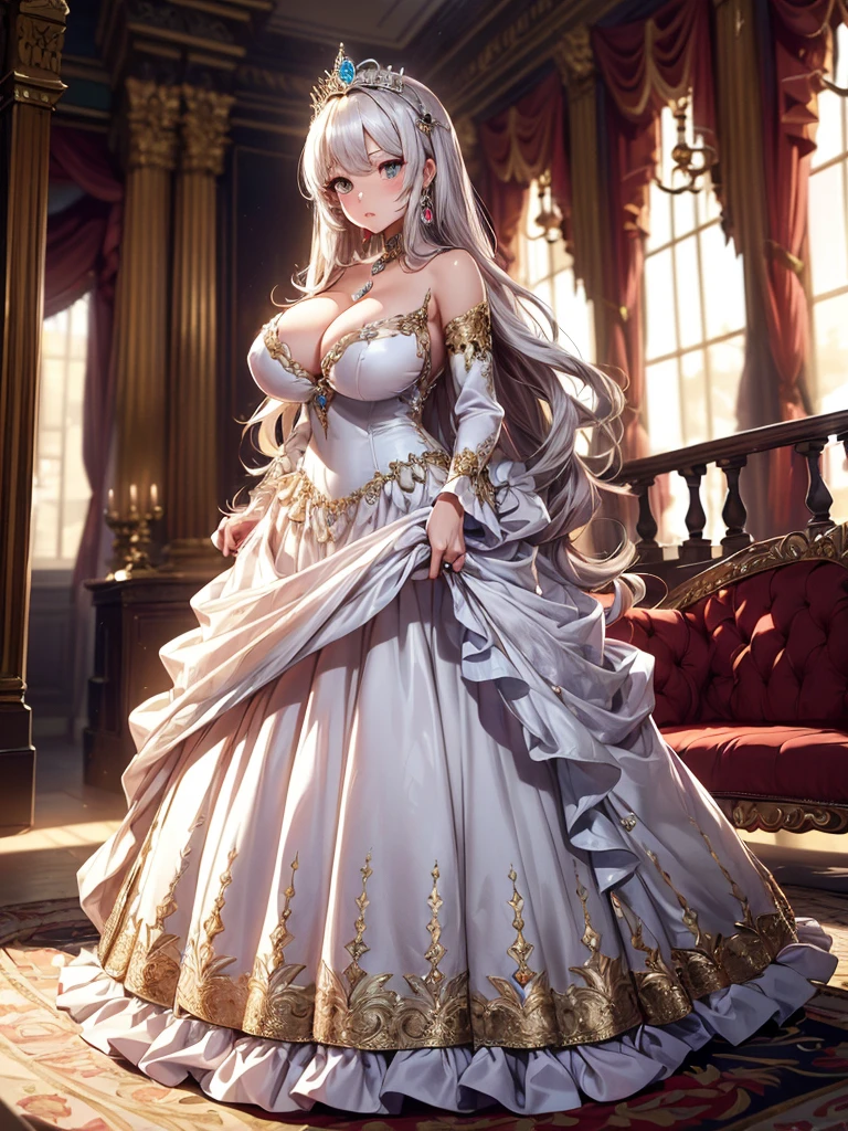 ((moe anime artstyle)),((Masterpiece)),(Best Quality), (Super Detail),((Very Delicate and Beautiful)),((Solo)),full body,(((full body))),((1 bling-bling cute princess in beautiful embroidery and jeweled gorgeous rococo ball gown with voluminous full-length hoop skirt)),(((absurdly gigantic tits))),((cleavage,curvy)),Skindentation,((detailed face and eyes)),jewel-like eyes,((crinoline,long train)),((standing in the royal palace)),((large amount of straight hair, absurdly long hair,Very Long Straight Hair)),extremely gorgeousfull hair ornament,(bling-bling extremely gorgeous jeweled tiara),luxurious jewelry,full body,((super detailed beautiful embroidery and jeweled gorgeous ball gown with voluminous full-length hoop skirt)) sultry look, seductive,
