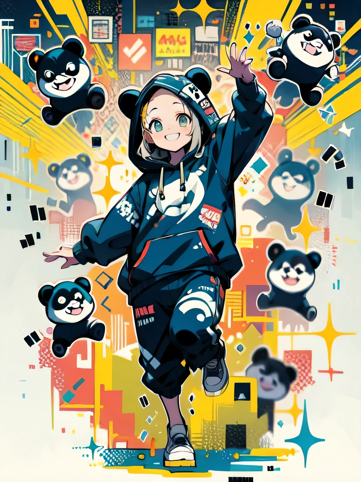 solo,fullbody,(looking away),big forehead, smile,black panda hoodie,(happy dance action),grin,underfull graffiti,