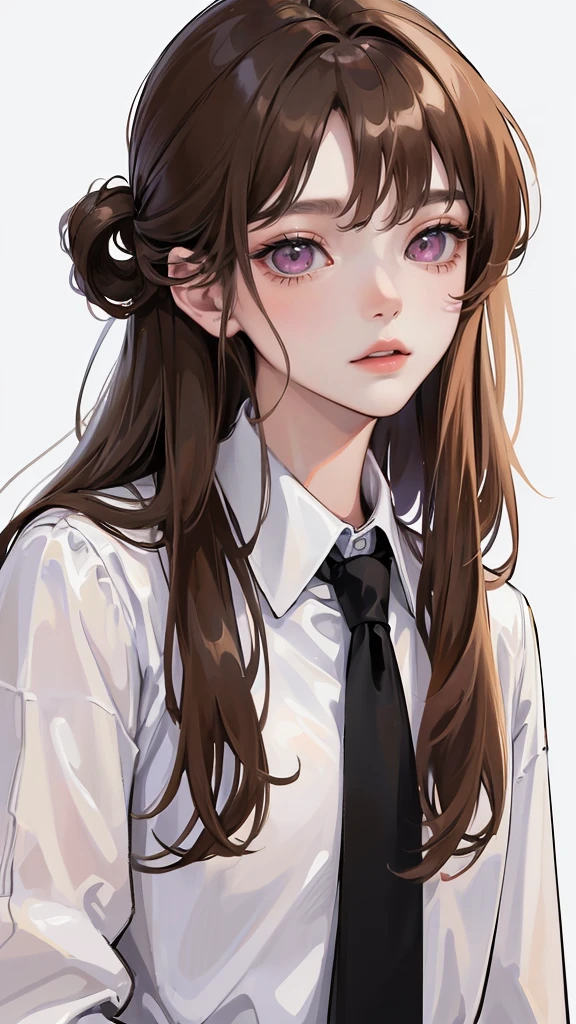 (Top resolution、Distinct_image)top-quality、femele、masterpiece、highly detailed、Semi-realistic、pink eyes、18year old、young、Exquisite features、Facialres、unique hairstyle, variations, potrait, whibackground, light brown hair, wear white oversized shirt, wear black necktie