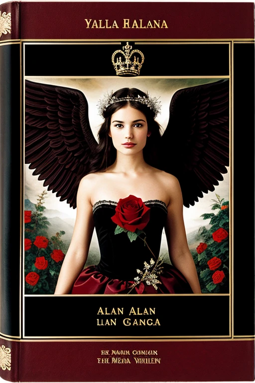 A black Bible that contains the name Alana in the middle and is rhodium-plated with black and dark wine red flowers and the title of the Bible is The Life of a Fallen Angel Alana the Beautiful Angel