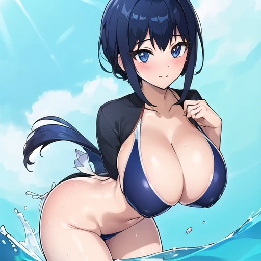 Super detailed.(((swimsuit,bare back,,bottomless,Blushing,))),bare breast,Super gigantic breast and hips,A little smile,(((showing whole face))),blue eyes