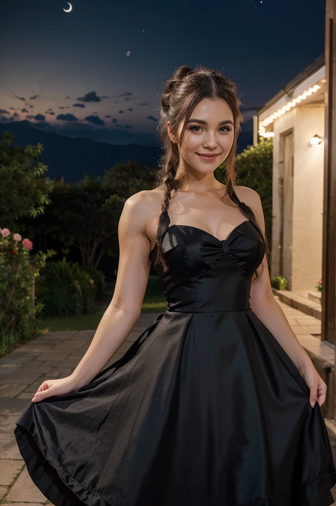 half bun hairstyles, long hair, glamour dress, black dress, arms bulging, crescent moon motif, looking at view, rose flower hair ornament, outdoor, smiling