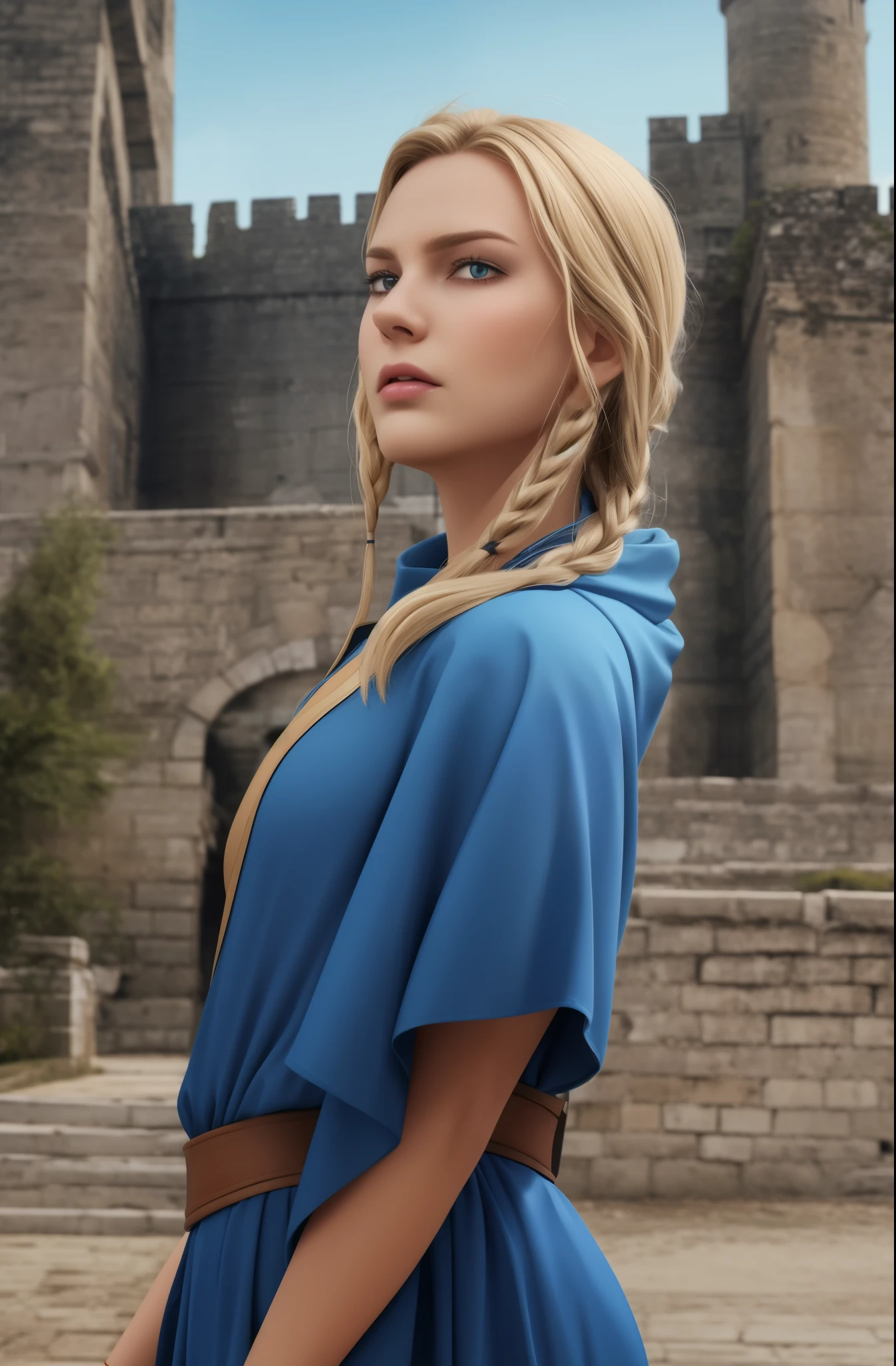 charlotte roselei, wearing blue armor, long blonde french braid, ultra low angle camera, looking at viewer, realism, realistic skin, realistic hair, realistic eyes, skin pores, cinematic, serious, blushing, foreshortening, slender body, blue eyes, blue cloak, castle background, very beautiful face