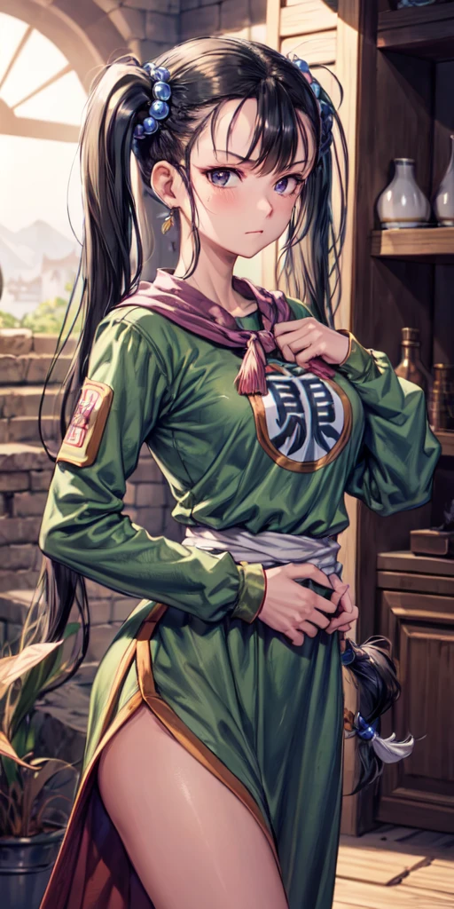 masterpiece, best quality, 4k, 8k, fighter (dq3), 1girl, solo, long hair, twintails, looking at viewer, black hair, hair ornament, long sleeves, dress, medium breasts, closed mouth, cowboy shot, black eyes, arm up, chinese clothes, hair bobbles, clenched hand, fighting stance, Ancient Castle, indoor