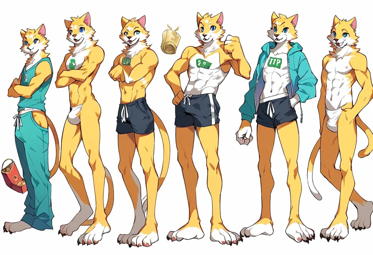 score_9, score_8_up, score_7_up, male, furry, full length, high quality, hires, anthro, ager, young, 18 years old, domestic cat, yellow fur, blue eyes, handsome, happy, cute, humanoid feet, slim build, slender body, prominent v-line, toned slender legs, chiseled knees, shorts, white background, treasure trail, armpit hair, furry legs, bulge, in various poses