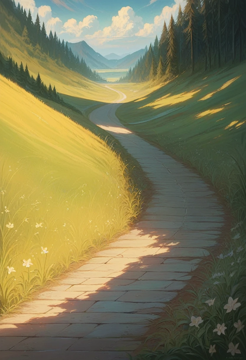 background, evening countryside, summer sky, grass, wet road surface, residential area, animation style, Masterpiece, best quality, 8K, high resolution, super fine, detailed, detailed, semi-realistic