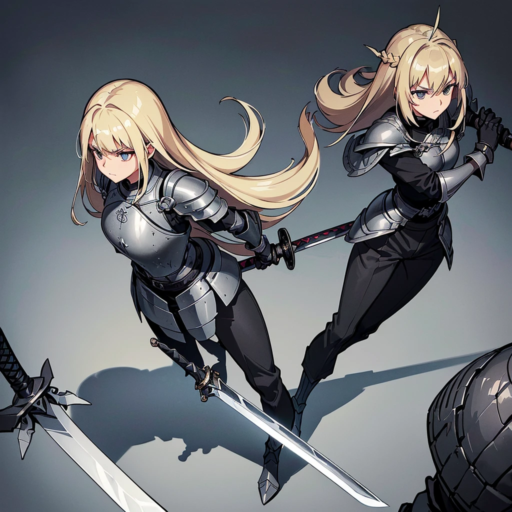 Best illustrations、Best Quality、(Full body character concept、detailed)、(((Simple grey armor、Black trousers、Black gloves))、(woman、18-year-old)、(Blonde、Long Hair)、(((Grab the sword、Get Ready)))、(From above at an angle)