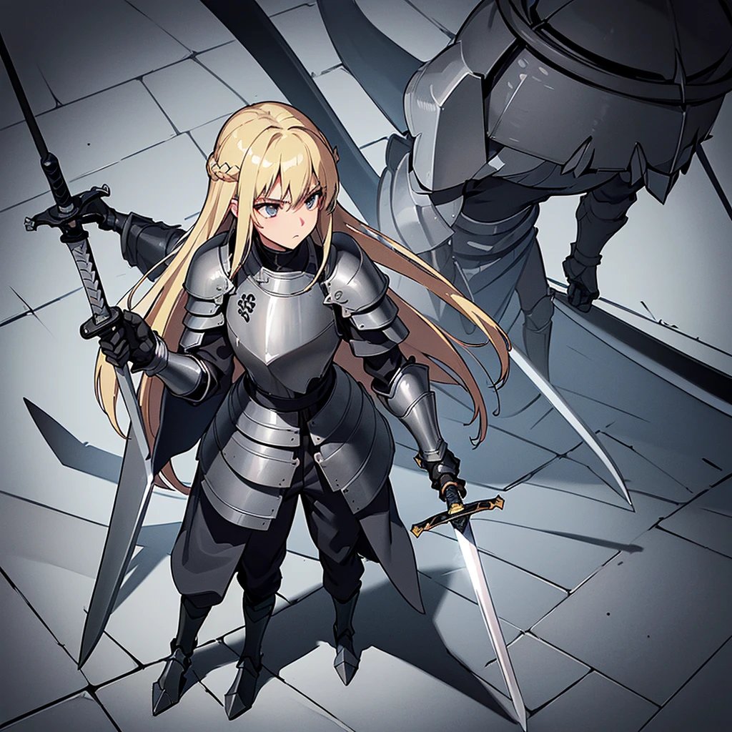 Best illustrations、Best Quality、(Full body character concept、detailed)、(((Simple grey armor、Black trousers、Black gloves))、(woman、18-year-old)、(Blonde、Long Hair)、(((Grab the sword、Get Ready)))、(From above at an angle)