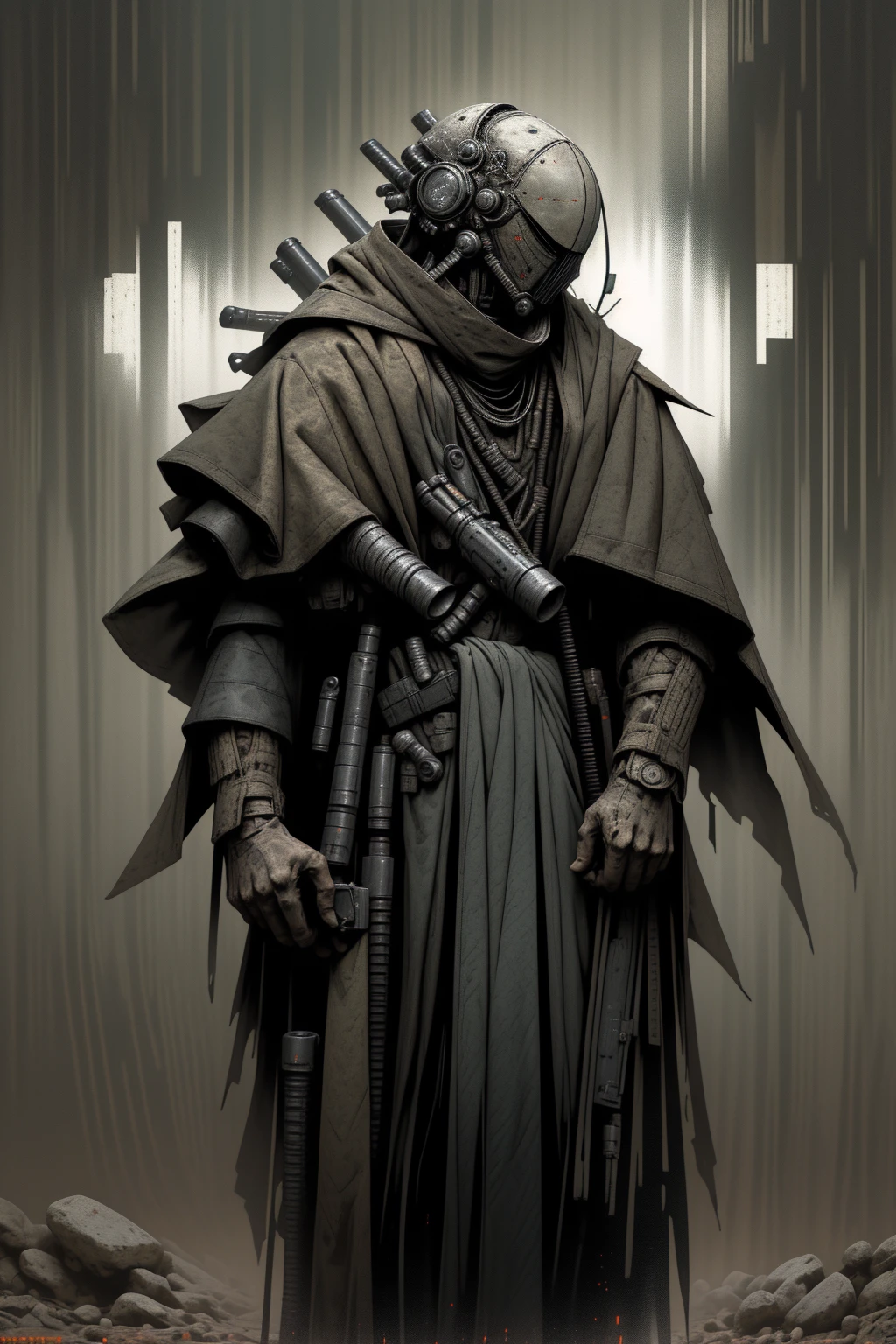 a man wearing modern military grade armor, gear belt full of gun magazines, a tattered hood over his head, wearing a plague doctor mask, a futuristic and hastily repaired semi-automatic rifle strapped over his back, a regular built body, wearing a messy black cloak, bandage wraps around his arms, side profile, sunset, very detailed plague doctor mask over his face, standing amidst a sunset, cinematic side view, sunset in the background, post apocalypse, is a burn victim, wearing a scav outfit from escape from tarkov, survivor, scavenger, mercenary, gun strapped (behind) his back, very dark green camo attire, very sharp mask with a prominent beak