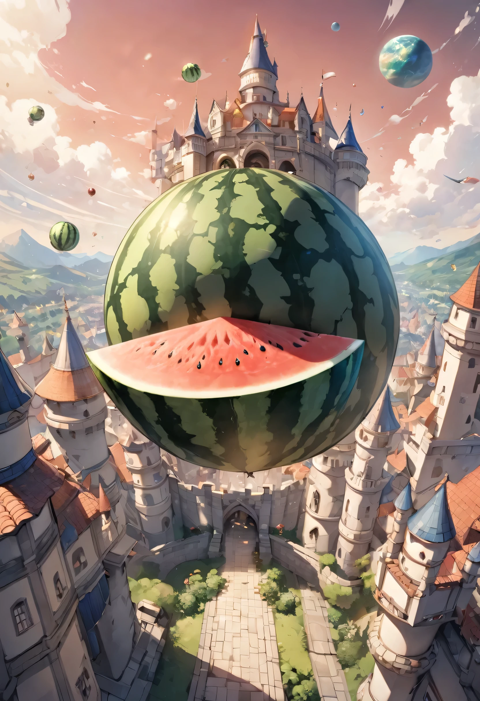 panoramic, (A planet size biggest watermelon Falling from the sky, into the castle), in the rooftop, background castle town, BREAK, masterpiece, best quality, 16k, beautiful detailed watermelon, daydreaming expression.