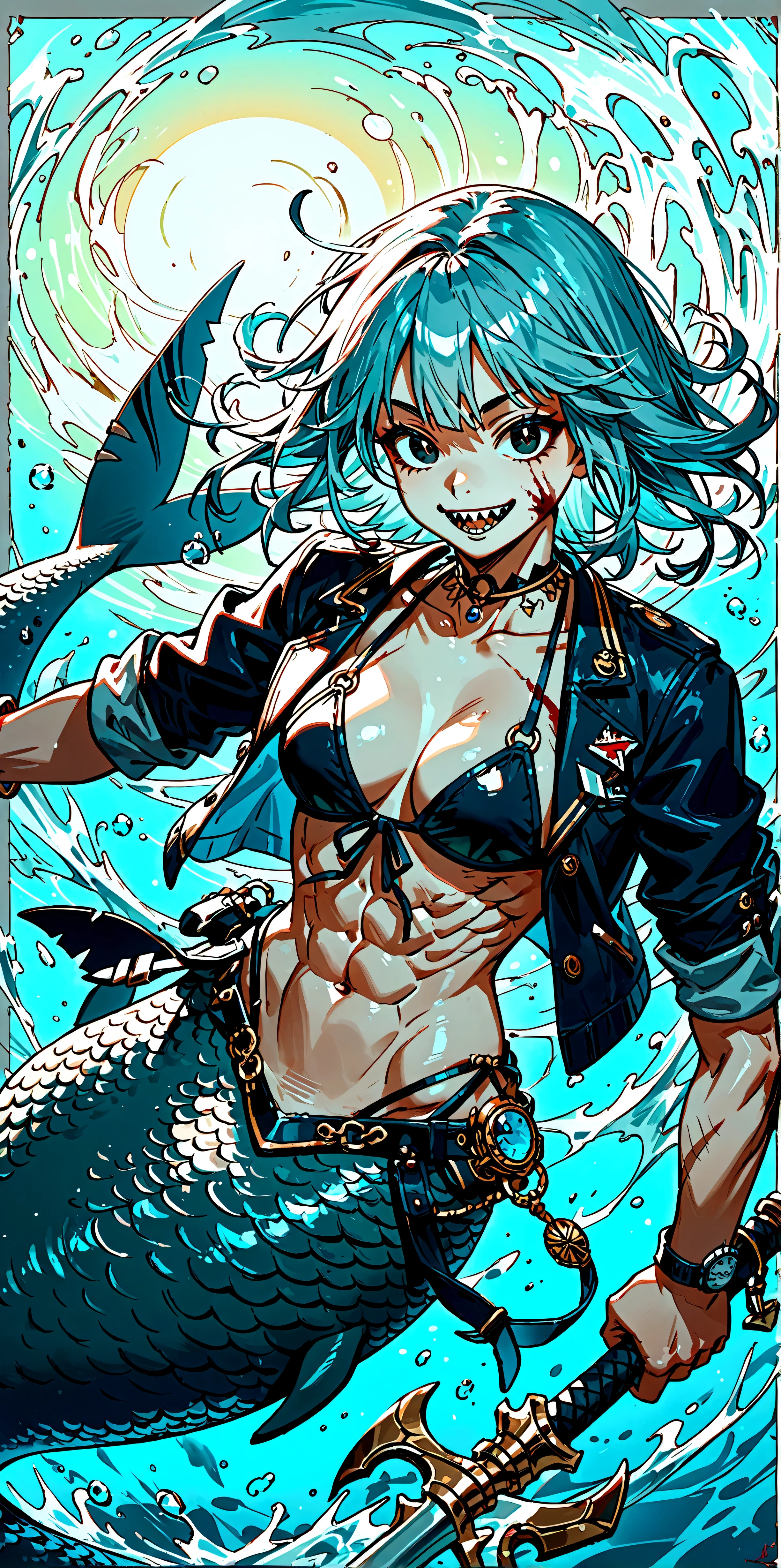 score_9, score_8_up, score_7_up, score_6_up, score_5_up, score_4_up, source_anime,source_furry,rating_safe,rating_questionable,masterpiece, best quality, perfect anatomy , very aesthetic , absurdres , BREAK ,solo,1girl\((shark mermaid:1.3),cute, jagged sharp teeth, large mouth, sucking fish, scarred face, scarred body, muscular, dorsal fin at back, large black eyes, (large pupils:1.3),shark eye, (gray skin:1.1), shark skin, (evil smile),(combed-back hair), motion blur, string bikini\), BREAK ,background(\under the sea, (bloody:1.3)\),dynamic action,(dynamic pose),(dynamic angle),fighting stance,long shot