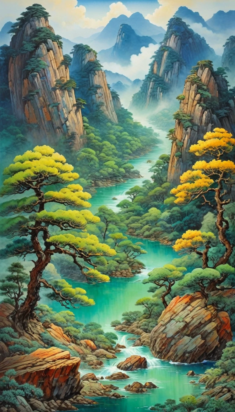 Chinese landscape painting,Inspired by Wang Ximeng’s landscape paintings《A Thousand Miles of Rivers and Mountains》,
The inscription reads ((("å´»éš è€...ä¸ é ‡-å” -贸岛"))),
Using Azurite,lapis lazuli,malachite,Orpiment,Limonite,Vermillion and other mineral pigments for coloring,Makes the rocks appear thick and green,Full and rich picture,The colors are rich and vivid,
The pupil under the pine tree asked,He said he went into the mountains to collect herbs. He only knew that in this mountain,But the clouds on the mountain don't know his whereabouts.,
