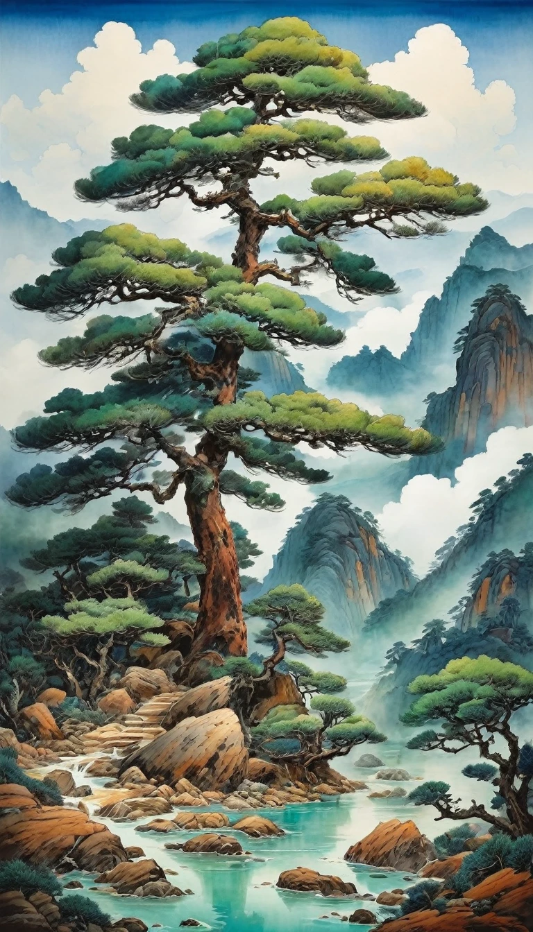 Chinese landscape painting,Inspired by Wang Ximeng’s landscape paintings《A Thousand Miles of Rivers and Mountains》,
The inscription reads ((("å´»éš è€...ä¸ é ‡-å” -贸岛"))),
Using Azurite,lapis lazuli,malachite,Orpiment,Limonite,Vermillion and other mineral pigments for coloring,Makes the rocks appear thick and green,Full and rich picture,The colors are rich and vivid,
The pupil under the pine tree asked,He said he went into the mountains to collect herbs. He only knew that in this mountain,But the clouds on the mountain don't know his whereabouts.,