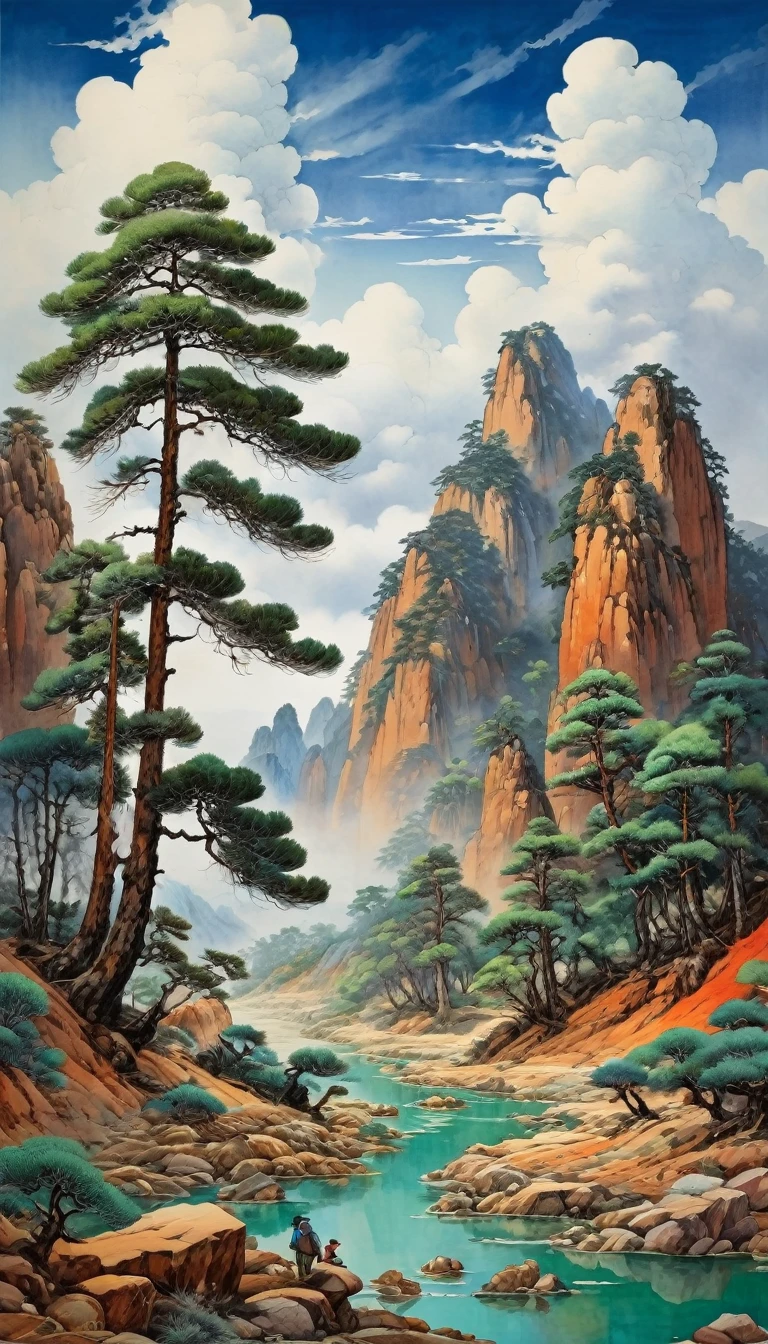 Chinese landscape painting,Inspired by Wang Ximeng’s landscape paintings《A Thousand Miles of Rivers and Mountains》,
The inscription reads ((("å´»éš è€...ä¸ é ‡-å” -贸岛"))),
Using Azurite,lapis lazuli,malachite,Orpiment,Limonite,Vermillion and other mineral pigments for coloring,Makes the rocks appear thick and green,Full and rich picture,The colors are rich and vivid,
The pupil under the pine tree asked,He said he went into the mountains to collect herbs. He only knew that in this mountain,But the clouds on the mountain don't know his whereabouts.,