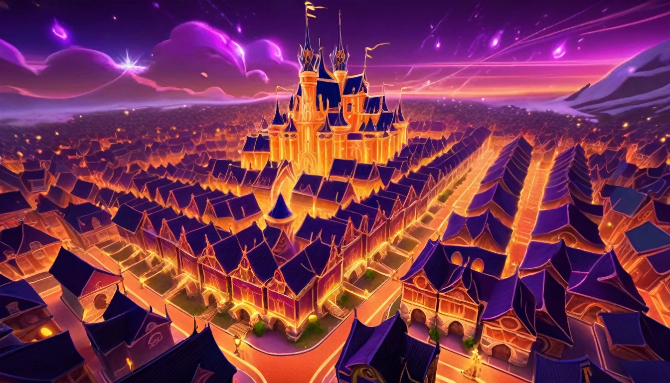  anime aestetics, anime scenery, night, city of magic, dalaran, world of warcraft, wow, purple and orange colors, vibrant colors, warm colors, busy streets, magic flying in the air, glowing particles in the air, castle made of purple crystals, stone roads, beautiful atmosphere, atmospheric perspective, perspective, wide shot, from above, 4K, highres, best quality, award winning, super detail, masterpiece