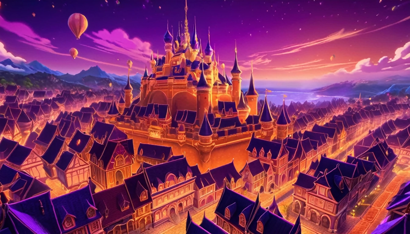  anime aestetics, anime scenery, night, city of magic, dalaran, world of warcraft, wow, purple and orange colors, vibrant colors, warm colors, busy streets, magic flying in the air, glowing particles in the air, castle made of purple crystals, stone roads, beautiful atmosphere, atmospheric perspective, perspective, wide shot, from above, 4K, highres, best quality, award winning, super detail, masterpiece