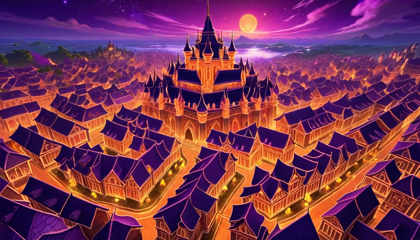  anime aestetics, anime scenery, night, city of magic, dalaran, world of warcraft, wow, purple and orange colors, vibrant colors, warm colors, busy streets, magic flying in the air, glowing particles in the air, castle made of purple crystals, stone roads, beautiful atmosphere, atmospheric perspective, perspective, wide shot, from above, 4K, highres, best quality, award winning, super detail, masterpiece