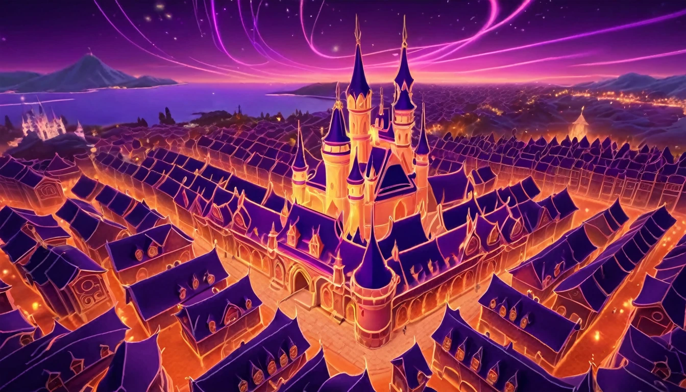  anime aestetics, anime scenery, night, city of magic, dalaran, world of warcraft, wow, purple and orange colors, vibrant colors, warm colors, busy streets, magic flying in the air, glowing particles in the air, castle made of purple crystals, stone roads, beautiful atmosphere, atmospheric perspective, perspective, wide shot, from above, 4K, highres, best quality, award winning, super detail, masterpiece