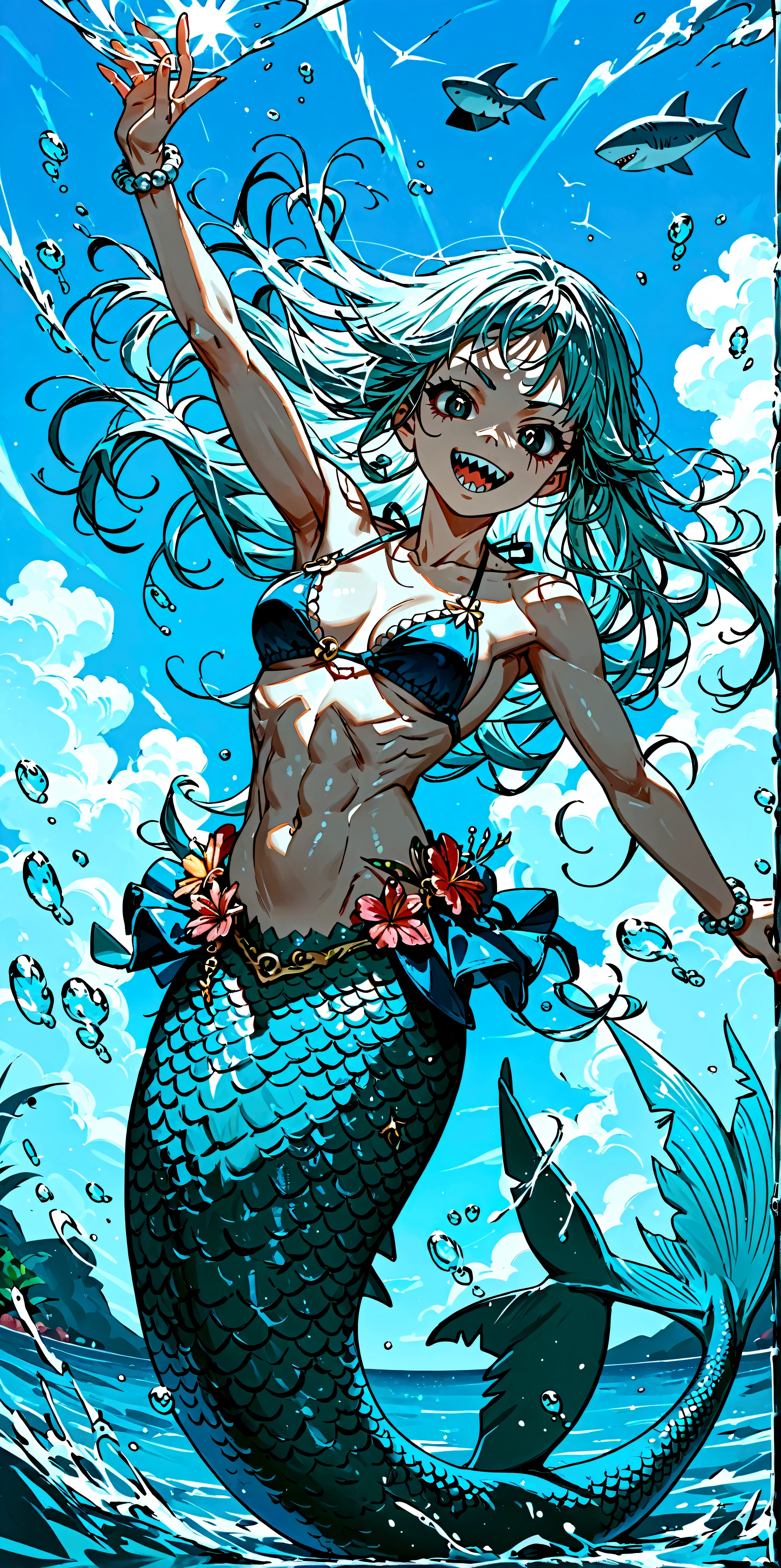 score_9, score_8_up, score_7_up, score_6_up, score_5_up, score_4_up, source_anime,source_furry,rating_safe,rating_questionable,masterpiece, best quality, perfect anatomy , very aesthetic , absurdres , BREAK ,solo,1girl\((shark mermaid:1.3),cute, jagged sharp teeth, large mouth, sucking fish, scarred face, scarred body, muscular, dorsal fin at back, large black eyes, (large pupils:1.3),shark eye, (gray skin:1.1), shark skin, (evil smile),(combed-back hair), motion blur, string bikini\), BREAK ,background(\under the sea, (bloody:1.3)\),dynamic action,(dynamic pose),(dynamic angle),fighting stance,long shot