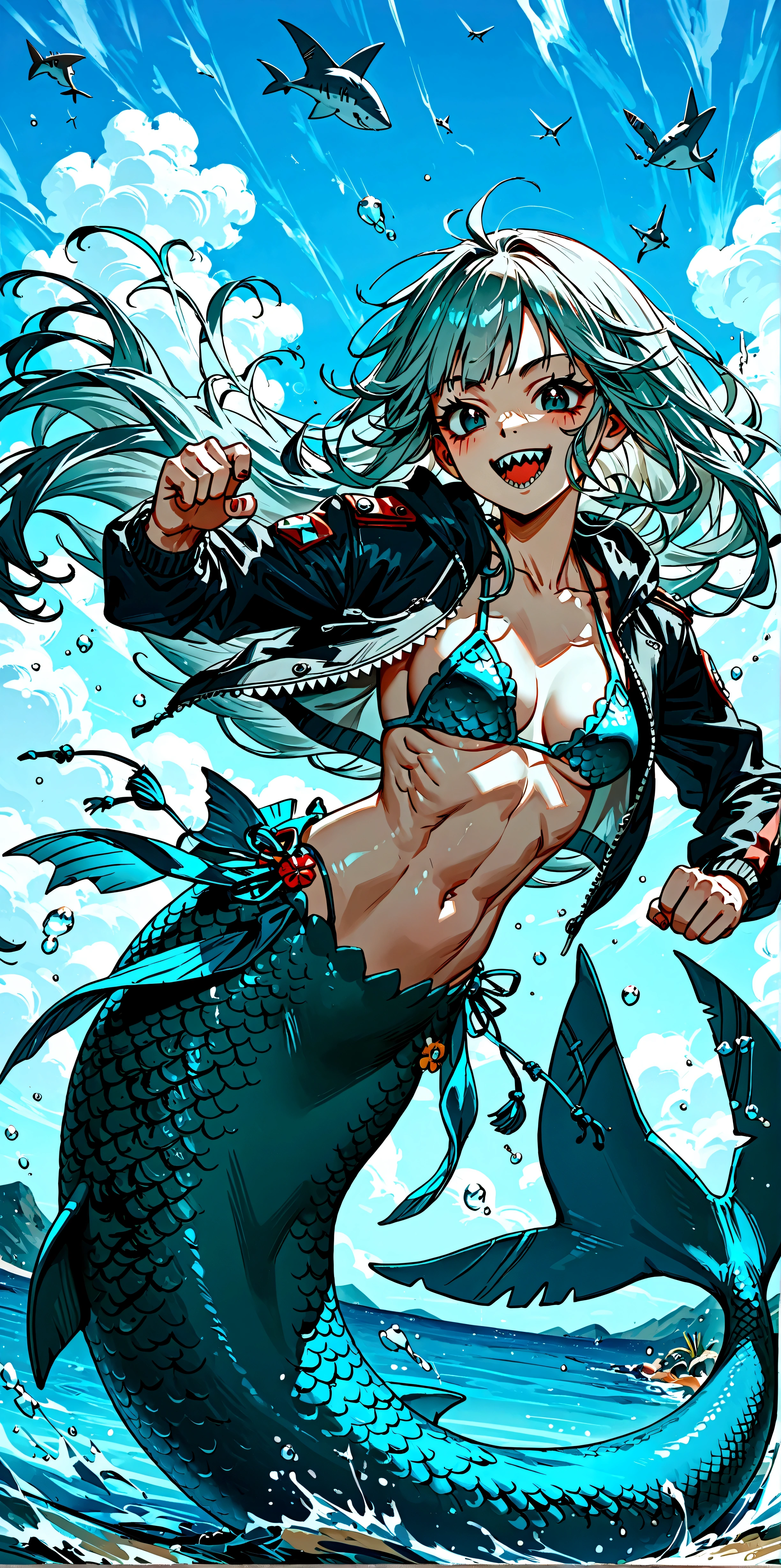 score_9, score_8_up, score_7_up, score_6_up, score_5_up, score_4_up, source_anime,source_furry,rating_safe,rating_questionable,masterpiece, best quality, perfect anatomy , very aesthetic , absurdres , BREAK ,solo,1girl\((shark mermaid:1.3),cute, jagged sharp teeth, large mouth, sucking fish, scarred face, scarred body, muscular, dorsal fin at back, large black eyes, (large pupils:1.3),shark eye, (gray skin:1.1), shark skin, (evil smile),(combed-back hair), motion blur, string bikini\), BREAK ,background(\under the sea, (bloody:1.3)\),dynamic action,(dynamic pose),(dynamic angle),fighting stance,long shot