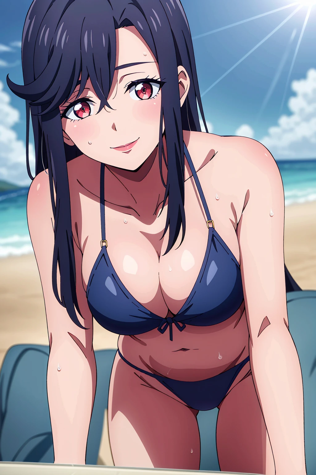 masterpiece, perfect lighting, (beautiful, best quality:1.3), perfect eyes, absurdres, 8k, 1girl, solo, (absurdres), finely detail, long hair, saori_ohtori, black hair, , red eyes, smile, hair between eyes, medium breasts, long legs,Smiling, looking at the viewer, blue theme, blue background, cloudy sky, sunlight, sweat, orgasmic, bikini swimsuit, large breasts, cleavage, belly button exposed, collarbone, thighs, sea and beach,