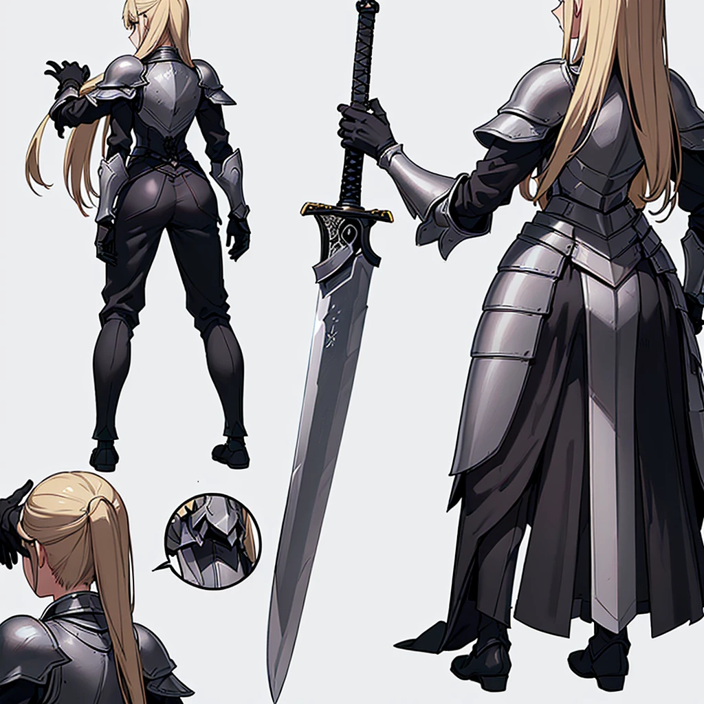 (Full body character concept、detailed)、(((Simple grey armor、Black trousers、Black gloves))、(woman、18-year-old)、(Blonde、Long Hair)、(((Grab the sword、Get Ready)))、(From the back、Back view)、(White background)