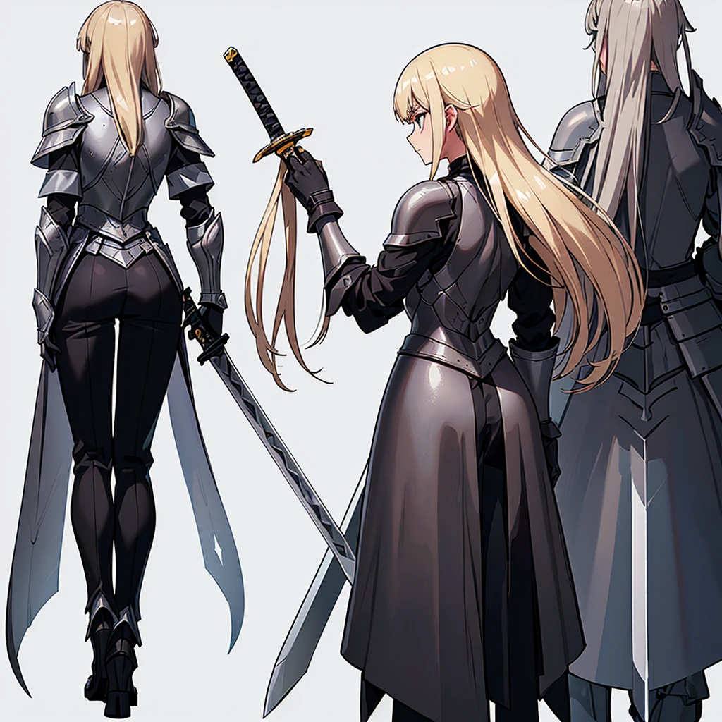 (Full body character concept、detailed)、(((Simple grey armor、Black trousers、Black gloves))、(woman、18-year-old)、(Blonde、Long Hair)、(((Grab the sword、Get Ready)))、(From the back、Back view)、(White background)