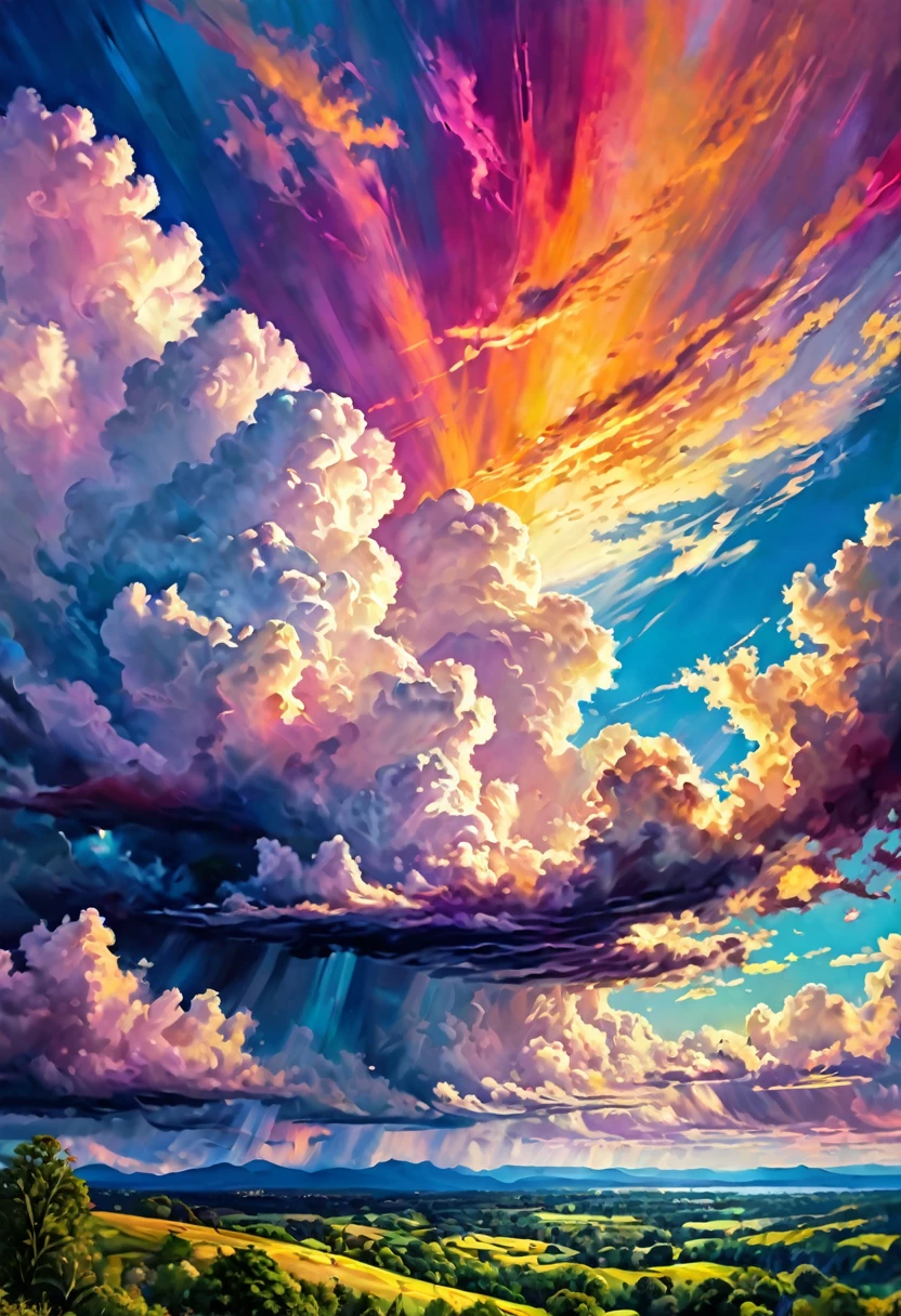 Summer Sky (Painterly Style), realistic, highly realistic, meticulously detailed, breathtakingly realistic, high-contrast realism, high-saturation realism, vibrant colors, dramatic lighting, enchanting landscapes, compelling storytelling, atmospheric scenes, mesmerizing visuals, intricate details, powerful emotions, ethereal beauty, dreamlike worlds
