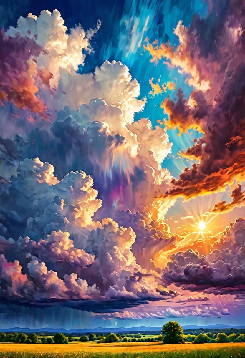 Summer Sky (Painterly Style), realistic, highly realistic, meticulously detailed, breathtakingly realistic, high-contrast realism, high-saturation realism, vibrant colors, dramatic lighting, enchanting landscapes, compelling storytelling, atmospheric scenes, mesmerizing visuals, intricate details, powerful emotions, ethereal beauty, dreamlike worlds