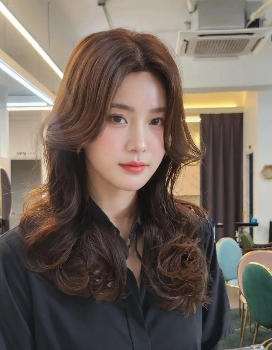Best Quality, 8k, Masterpiece, (Portrait: 1.3), (photo realistic:1.4), (hyper realistic:1.4), Sharp Focus, looking at viewer, (smoother lighting:1.1), (increase cinematic lighting quality:0.9), realistic lighting, backlighting, light on face, ray trace, (brightening light:1.2), (Increase quality:1.4), sharp detail, (best quality real texture skin:1.4), finely detailed eyes, black_eyes, finely detailed face, 25 year old Korean woman, (black formal_shirt:1.4), (Create an image maintaining the original base model hairstyle:1.5)