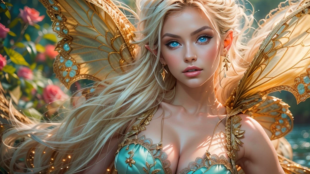 (Beautiful woman, detailed makeup, detailed facial features, Glowing blue eyes, seductive expression, blonde hair, large breasts:1.3, realistic elf ear, four fingers on each hand, detailed fingers, proportional hands, massive butterfly wings in the center of her back attached between the shoulder blades, detailed proportional body, thin body, toned muscles, sitting, detailed proportional legs, Spread legs, shaved legs), (silk bustier, scrunch thong, see through lace:1.3), (fantasy castle, oak forest, calm lake, night, stary sky, moon light, fantasy setting, orbs, flowers, roses), (golden ratio, Best Quality:1.4), (Ultra-detailed), (extremely detailed CG unified 8k wallpaper), (Highly detailed, RAW Photos, Professional Photography:1.4), plein air, Illumination, (Super fancy photos:1.4), (Dazzling light), Radiant Photography, depth of fields, 