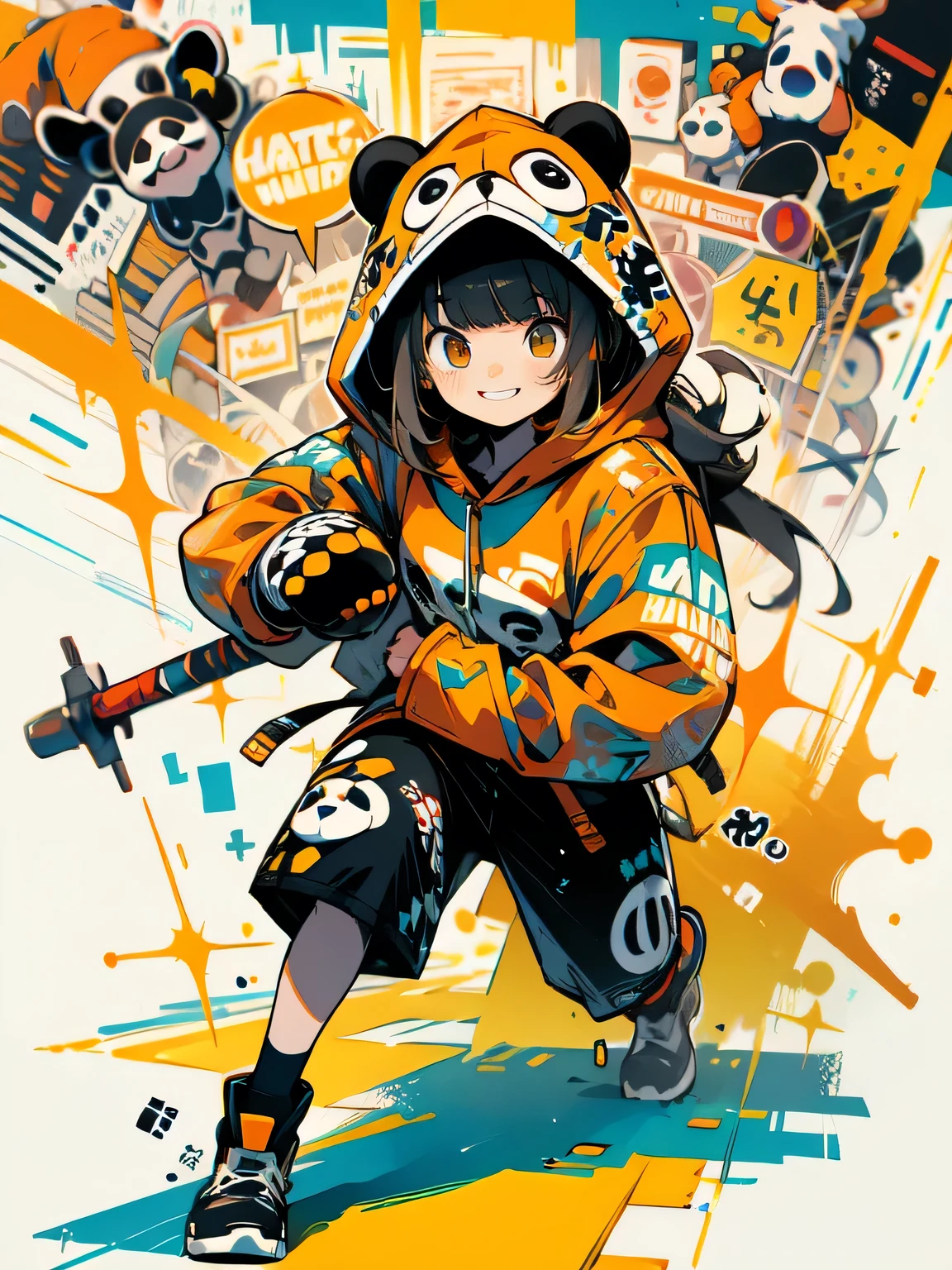 solo,fullbody,(looking away),(blunt bangs), smile,orange panda hoodie,(happy punch action),grin, graffiti,