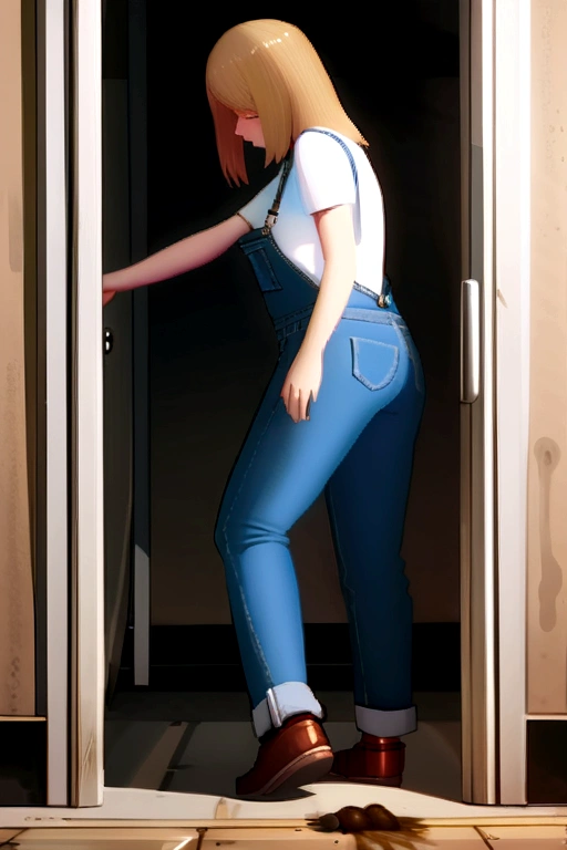 girl shit in her overalls and her overalls is dirty with poop
