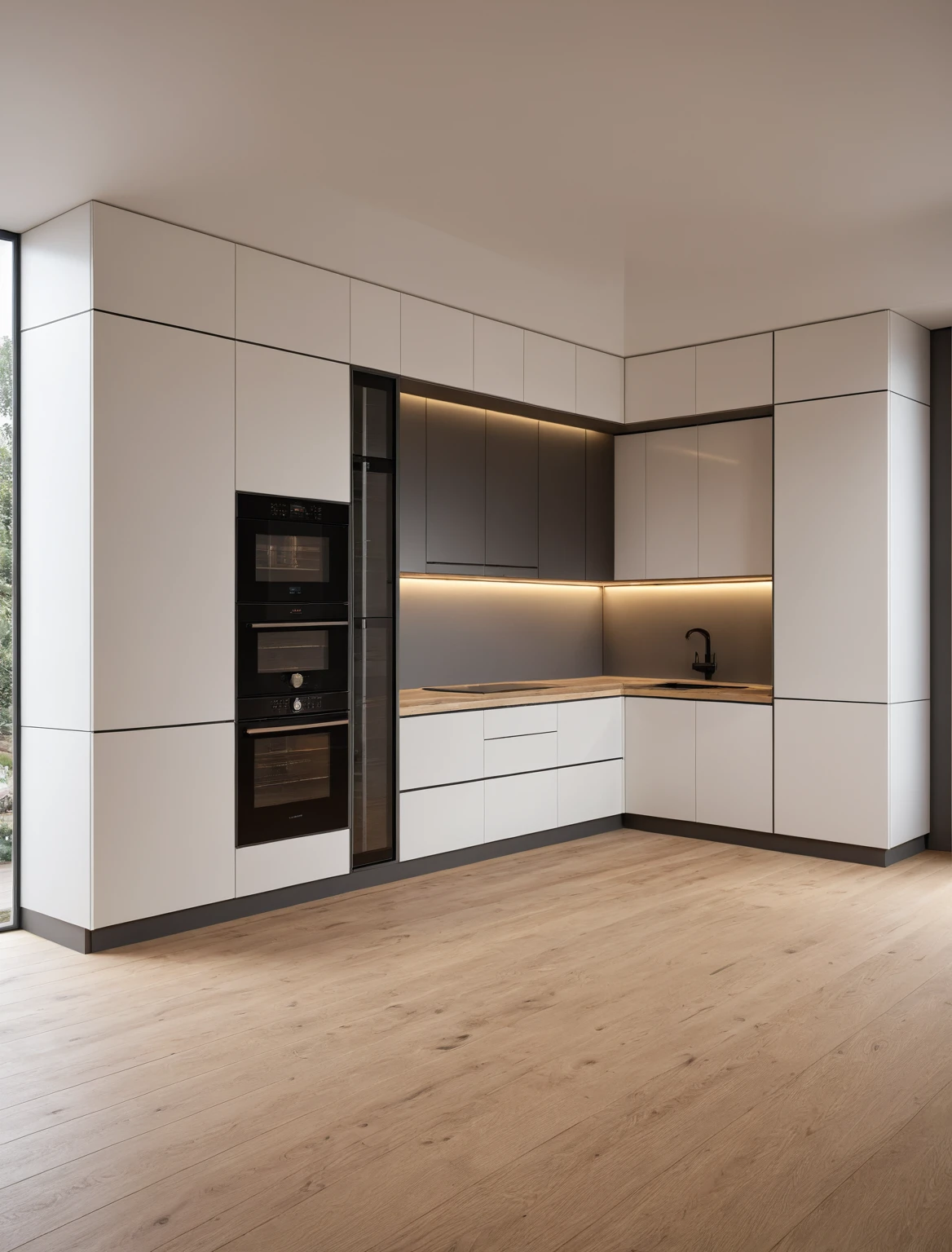 Raw photo,Masterpiece, high quality, best quality, authentic, super detail, interior , sunset, daylight, Kitchen Cabinets style minimalist, Induction cooker, sink, faucet, oven, built-in microwave, wooden floor, hood, wine cabinet,