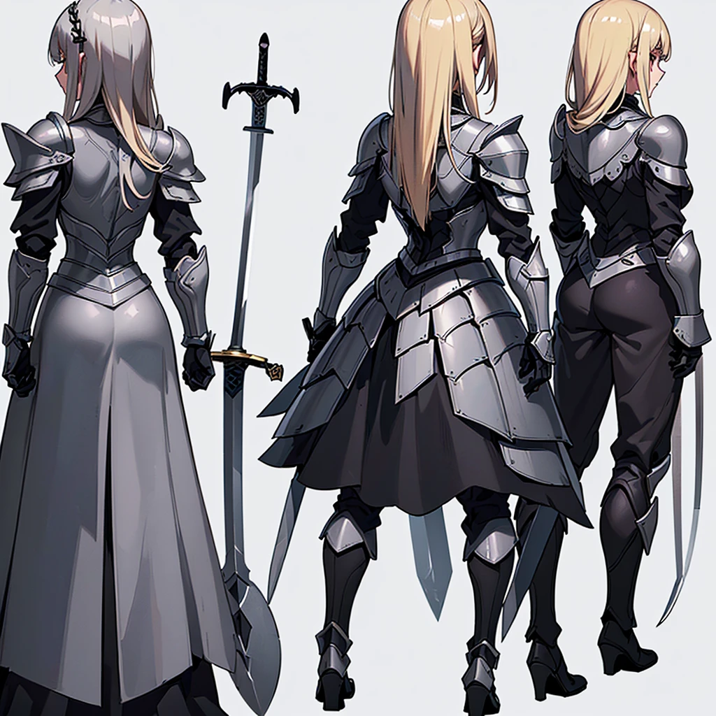 (Full body character concept、detailed)、(((Simple grey armor、Black trousers、Black gloves))、(woman、18-year-old)、(Blonde、Long Hair)、(((Grab the sword、Get Ready)))、(From the back、Back view)、(White background)