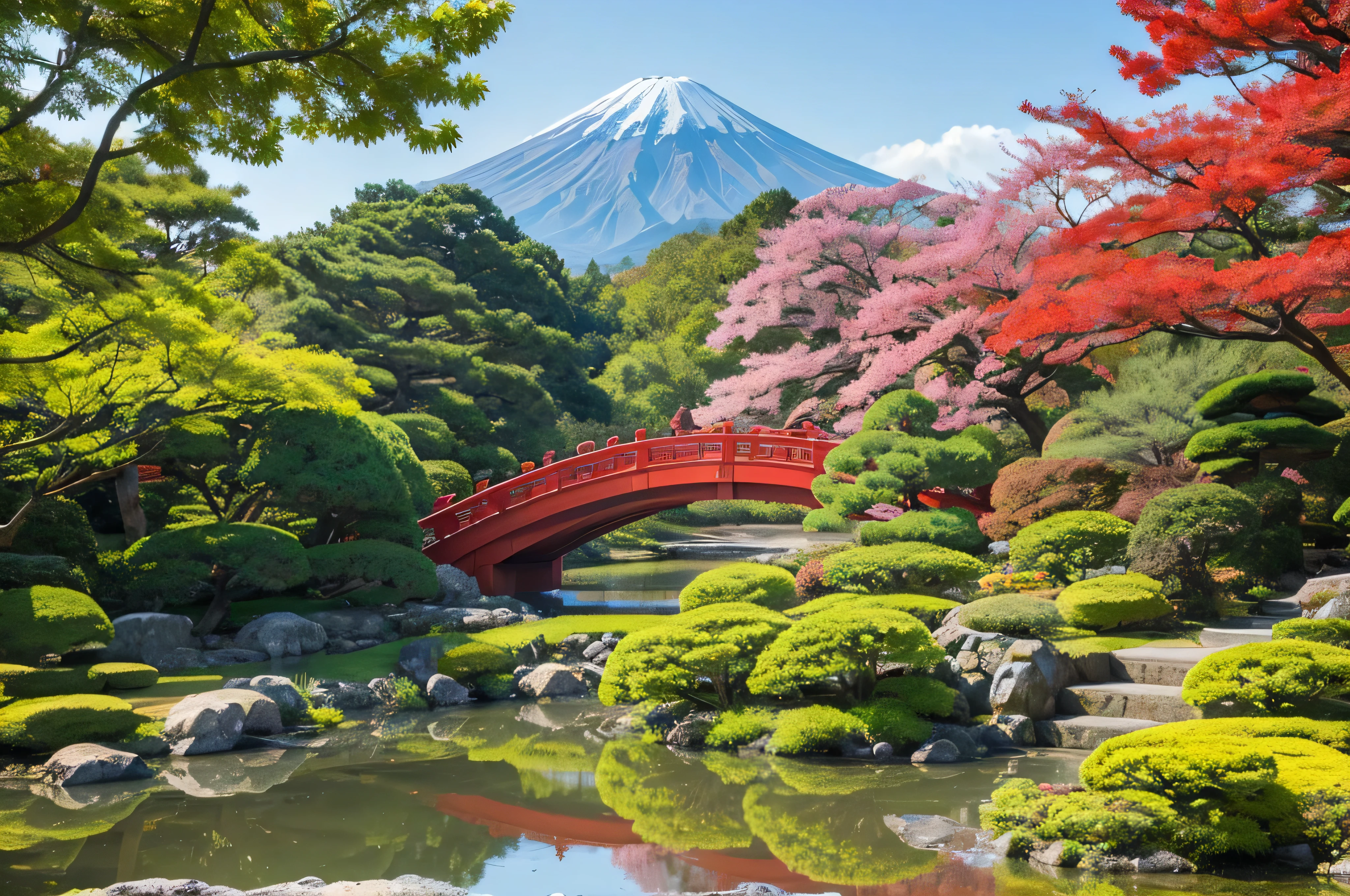 Closeup of bridge over body of water with buildings in background, Tadashi Nakayama stock photo, shutterstock, Japan tourism, Himeji Rivendell Garden of Eden, Japanese nature, Japan travel aesthetics, Japanese temple, Japan deeper travel exploration, Japan travel and tourism, red bridge, Mount Fuji in background
