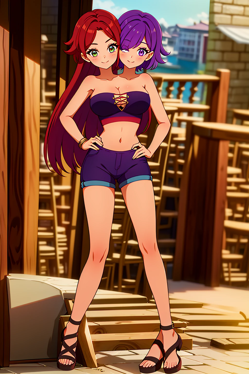 best quality, (masterpiece),(ultra-detailed), (high quality), (high resolution), ((2heads:1.5)), best quality:1.5, highres, UHD, 16K), ((two headed woman)), smiling, highres, masterpiece, ((red hair)), ((purple hair)), ((different hair colors:1.5)), , ((crop top:1.5)), lustrous smooth skin, (seductive silhouette), sexy proports, Beautiful girl with accentuated slender abs, ((full body)), ((exposed midriff)), body con dress, strapless, sleeveless, matching eye color, ((long hair)), ((sandals)), ((hot pants)), medieval village