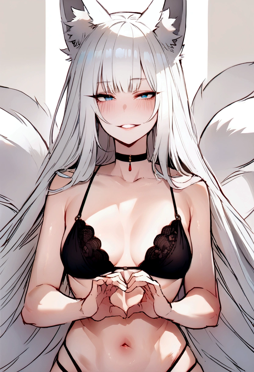 masterpiece, best quality, kitsune 1girl, solo, beautiful kitsune woman, fox ears, bangs, white hair, very long hair, blue eyes, grin, medium breasts, black choker, black bra, black panties, 5 white fox tails, white hair, cowboyshot, looking at viewer, making a hart shape with there fingers in front of there lower abdomen  