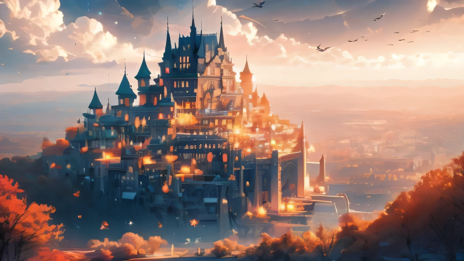 a big castle on a mountain, a beautiful small dragon flying near to the castle, a lake in the background, a sunset with a lot of clouds and stars.