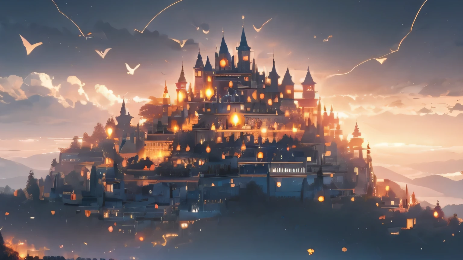 a big castle on a mountain, a beautiful small dragon flying near to the castle, a lake in the background, a sunset with a lot of clouds and stars.