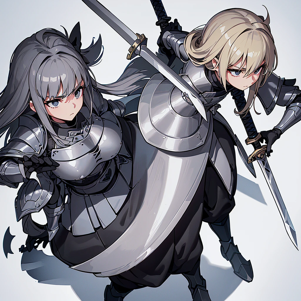 Best illustrations、Best Quality、(Full body character concept、detailed)、(((Simple grey armor、Black trousers、Black gloves))、(woman、18-year-old)、(Blonde、Long Hair)、(((Grab the sword、Get Ready)))、(From above at an angle)、(White background)