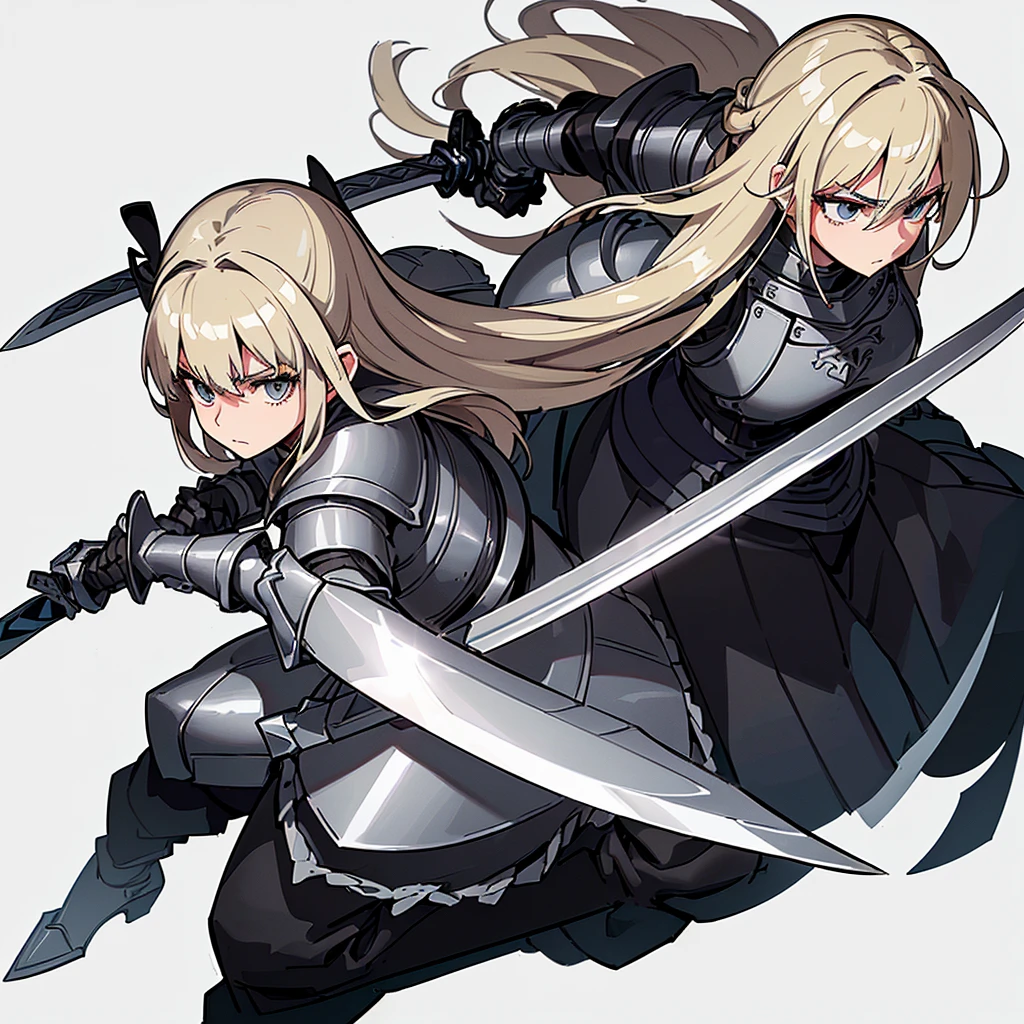 Best illustrations、Best Quality、(Full body character concept、detailed)、(((Simple grey armor、Black trousers、Black gloves))、(woman、18-year-old)、(Blonde、Long Hair)、(((Grab the sword、Get Ready)))、(From above at an angle)、(White background)