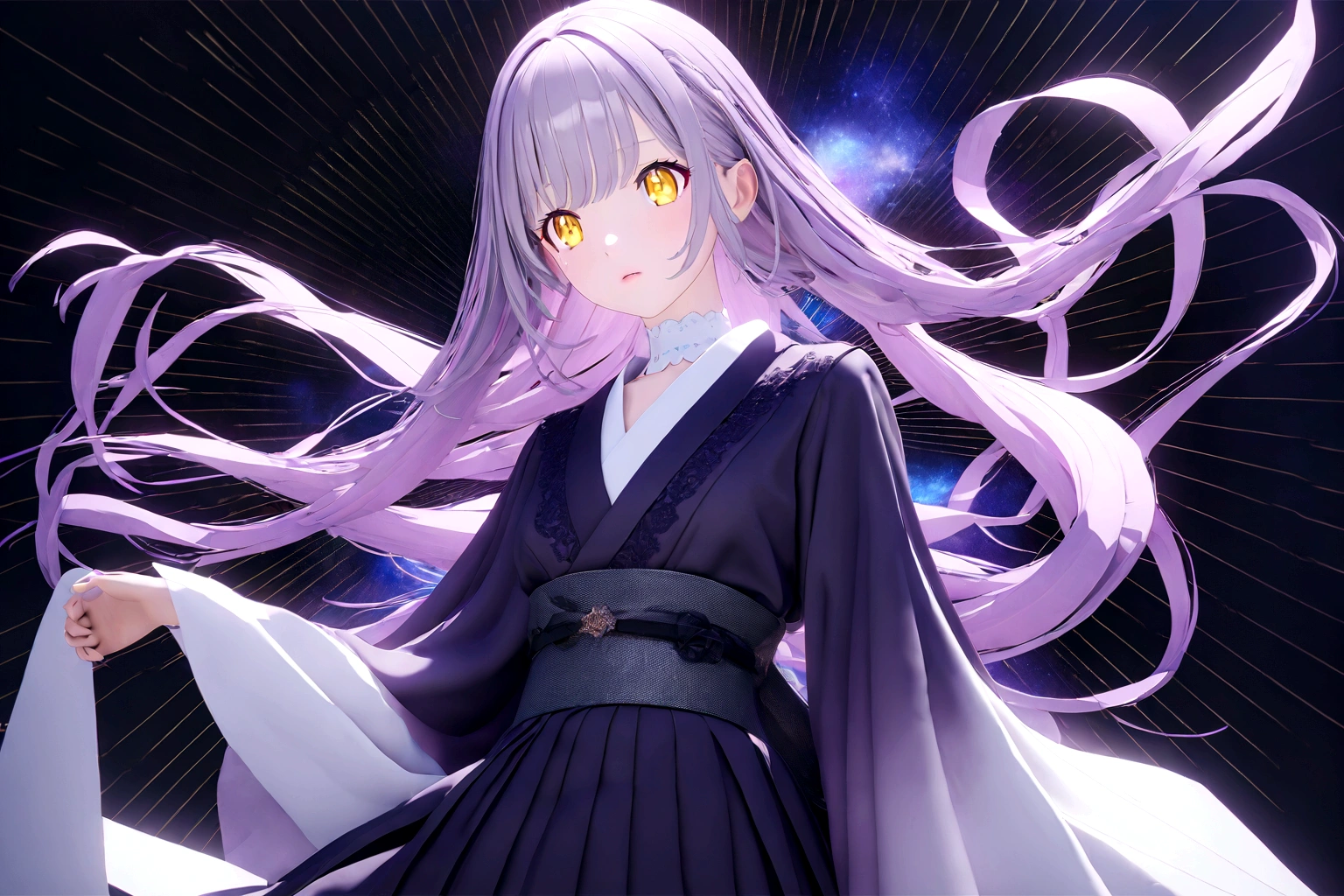 , アニメアート壁紙 8K, best anime 4k , anime art wallpaper 4k, anime art wallpaper 4k, Anime Style 4k, detailed Digitalアニメアート, Digitalアニメアート, anime wallpaper 4k, anime wallpaper 4k, Holography in anime, Draw in neon colors:1 girl:future, transparent, 3d, Light, sf, Digital art, Digital, scientific, Dark Background: electronic circuit: Draw in neon colors, 3d, masterpiece, Digital空間, energy, beautiful, masterpiece, 8K, Light,, Vibrant, colorful, Nice, beautiful, Rich colors, beautiful ,. Magical Effects, Sparkling, beautiful Light ,Luxury Fashion,girl, Purple Hair, Yellow Eyes, Long Hair, Gray Hair, Gradient Hair,curl,Wave,Platinum Gradation,Fine details,Chic and stylish,Perfect Makeup,Glamorous expression,Beautiful and delicate eyes,Beautiful and delicate lips,Dior Pink Lip,Background Night,Bamboo,A wish strip,The Milky Way filled with stars,,White, red and blue yukata,,Dark blue band,There is only one bell hanging from the obi.,Draw down to your feet,protocol,colorful,Sad expression,Like waiting for someone,Galaxy stars in the background々,Scattered gemstones in the background,華やかなtransparent感のある髪飾り,