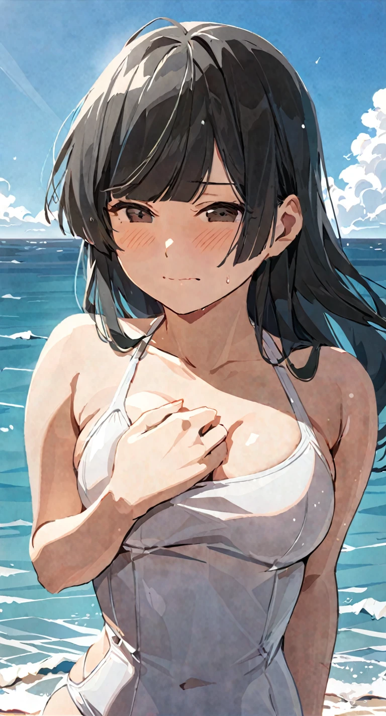 masterpiece,best quality, solo, eda, bangs, black hair, upper body,blue sky,cloud, shy expression, medium breast, hot, thicc, swimsuit , ocean, water, she is hiding her chest, she is shy, embarrassed 