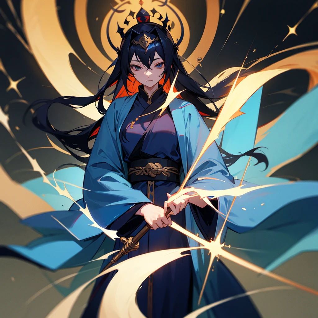 Blue robes, darkness, staff, long black hair, Bodhisattva crown