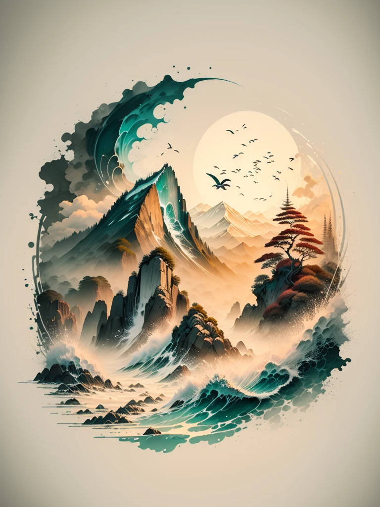 "Coastal Seascape with Vigorous Waves in Ink Style, Ukiyo-e Art"