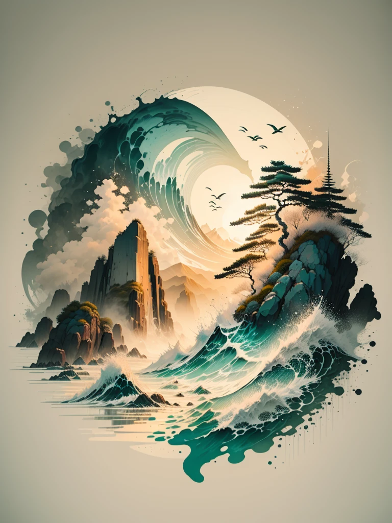 "Coastal Seascape with Vigorous Waves in Ink Style, Ukiyo-e Art"