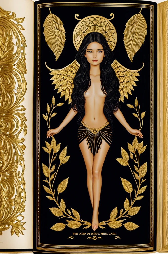 A black and gold bible open in half with its leaves standing and the title of the bible is "Alana the most beautiful angel"